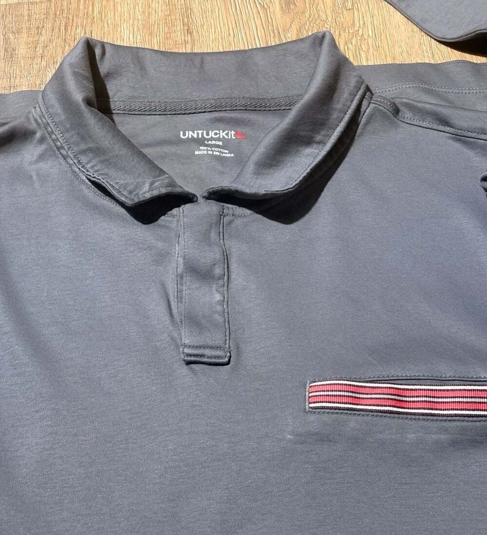 UNTUCKit Men’s Large Gray Long Sleeve Polo Shirt Red Accent 100% cotton